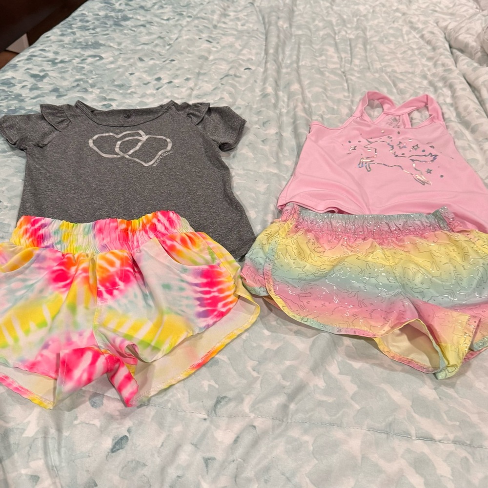 2 Athletic girls outfits by BODY GLOVE, size 8 pink grey unicorn tie-dye dri fit